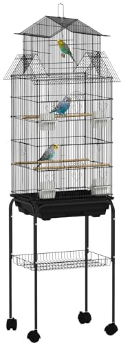PawHut Gabbia per Uccelli su Piedi, voliera su ruote con altalena, manico portatile, 4 alimentatori, supporto, design casa, gabbia per fringuelli, canarini e parrocchetti, 50,5 x 41 x 163 cm, in