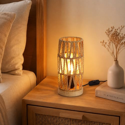 Alpinaluz Lámpara de Mesa Boho Vintage Rústica E27 de Papel Trenzado | Base de madera natural, Ø10 cm, cable con interruptor, compatible con LED E27 máx. 40W, para dormitorio