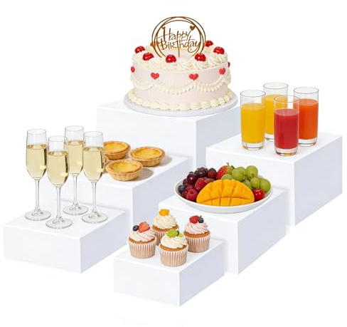 Mgrety Buffet-Erhöhungen, 6 Stück Acryl-Ständer für Buffettisch, 5x6x6,8x7x7,5x8 Zoll weißes Lebensmittelständer Set mit hohlem Boden, Würfelboxen Dessert Tortenständer für Kuchen Hochzeit Party