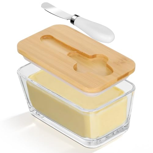 Romon Beurrier, Conteneur À Beurre Transparent, avec Couvercle en Bambou et Couteau, Adapté pour Frigo et Usage Quotidien