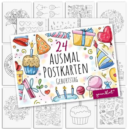 younikat 24 Stück Postkarten Geburtstag zum Ausmalen DIN A6 - you0190 | 300 g/m² Karton, zum Beschriften, beschreibbare Rückseite, matte Oberfläche