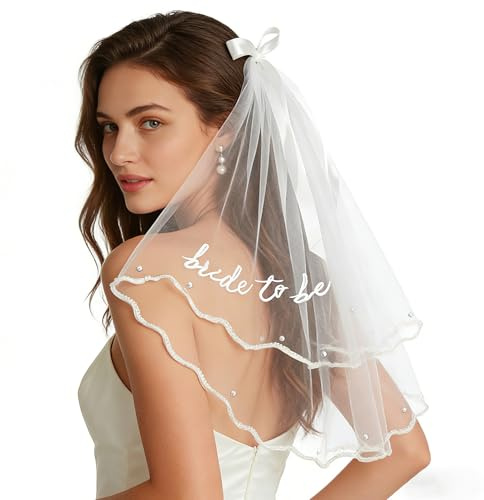 Schleier Braut Mit Perlen,Elegent Brautschleier Damen,Kurz brautschleier Weiß,schleier Kurz mit Kamm Bride Veil Kopfschleier Softtüll Brautschleiers Weiss für JGA,Hochzeit,Junggesellenabschied (B)
