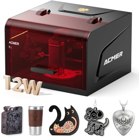 Macchina per incisione laser ACMER K1 12W, macchina laser chiusa Classe 1 con estrazione fumi, taglierina e incisore laser ad alta precisione 0,01 mm per fai da te, legno, metallo e creazione regali