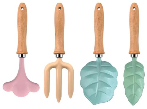 Generisch Gartenwerkzeuge Fuer Kinder,Vier-teilige tragbare Blattform-Holzgriffe,Kleine Gartenwerkzeuge - Schaufel- und Rechen-Set - für den Außenbereich, den, Sand, das Spiel, Hof, Sandkasten und