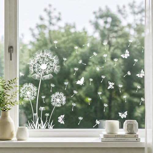 burkfeeg Fensterbilder Pusteblume Weiß Schmetterling Fenstersticker | Blumen Fenster Abziehbilder Anti-Kollision, Statisch PVC Fensterdeko für Wohnzimmer Schlafzimmer Bad Küche Glastüren
