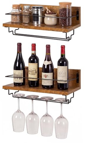 Levede Wall Mounted Wine Rack Set of 2, Wooden & Metal Wine Rack with Stemware Glass Holder, 2 Tier Wall Wine Rack for Home Bar, Kitchen, Dining Room, Holds Wine Bottles & Glasses, Brown Black