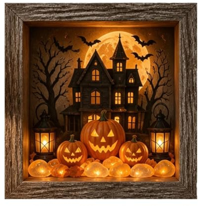 Halloween Erinnerungsbox-Rahmen Beleuchtet Rustikal Leuchtend Gotisch | LED Erinnerungsbox Mit Holzrahmen Und Steinen für , Kaminsims, Tischplatte, Schlafzimmer, , Flur, Büro