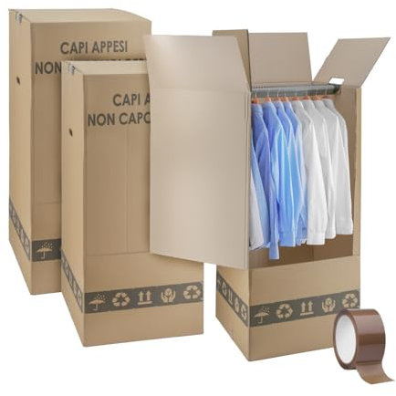 IMBALLAGGI 2000 - Scatole Cartone Porta Abiti con Barra Appendiabiti - 50x50 cm h 110 cm - Scatoloni Doppia Onda per Trasloco Armadio - Confezione da 3 Pezzi + 1 Nastro Adesivo Omaggio!