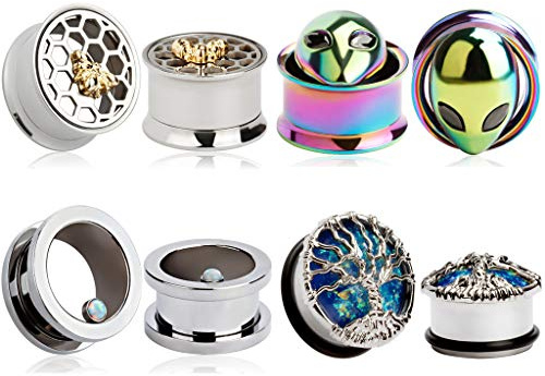 TBOSEN 4 Paars Lot Fashional Alloy Steel Ear Ohr Plugs Tree of Life ET Skull Stretchers Honeycomb Gauges Stretching Gauge 10mm - 16mm