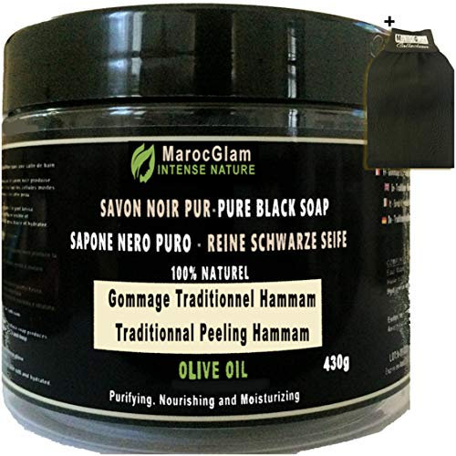 Savon Noir Gommage 470g + Gant Kessa OFFERT, à l'huile d'olive 100% NATUREL, HAMMAM ET SPA, TRADITIONNEL 100% PUR à l'huile d'olive - de la marque MAROC GLAM