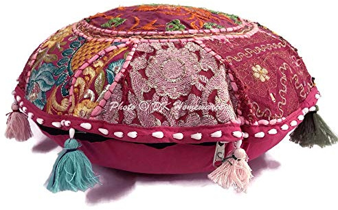 DK Homewares Indisch Baumwolle bodenkissenbezug 45x45 Yoga Sitzkissen Bohemian Dunkelpink Patchwork Gestickt Wohnkultur Rund Vintage Rundes Bodenkissen - 18x18 Inch
