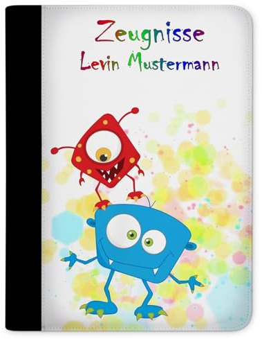 CreaDesign Zeugnismappe A4 mit Namen personalisiert – Monster Farbkleks – für Jungen – Dokumentenmappe Schule ohne Klarsichthüllen