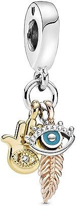 Pandora Passions Hand, eye and feather sterling silver, 14k gold-plated and 14k rose gold-plated dangle with clear cubic zirconia and turquoise enamel