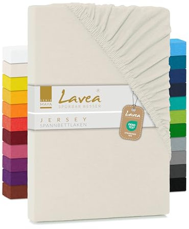 Lavea® Jersey Topper Spannbettlaken, Spannbetttuch, Serie Maya, 100% Baumwolle, hochwertige Verarbeitung, mit Gummizug und OekoTex100 180x200cm | 200x200cm, Creme Naturweiß