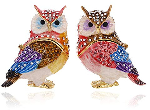 Handbemalte Schmuckschatulle für Paare, Eulen-Design, aufklappbar, emailliert, einzigartige Mini-Ring-Ohrringe, Schmuck-Organizer, Vintage-Aufbewahrung, Figur, Andenken, Heimdekoration (Paar Eule)