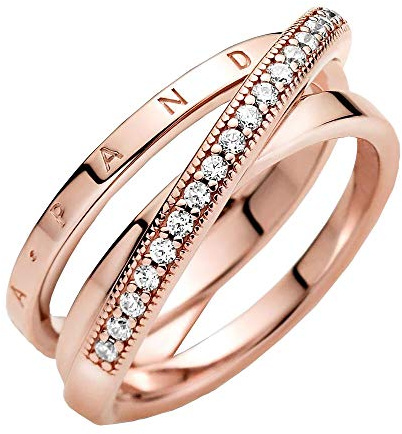 Pandora Signature Ring überkreuztes Pavé, Dreifachring, 14-karätig Roségold-vergoldet, mit klarem Cubic Zirkonia