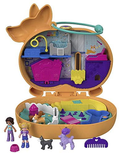 Polly Pocket GTN13- Corgi-Hundehotel Schatulle Im Haustierhotel-Design, Kleine Polly Und Shani Puppen, 2 Hundefiguren (Pudel & Husky), Überraschungseffekten, Spielzeug Geschenk Für Kinder Ab 4 Jahren