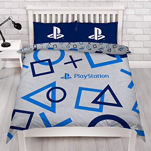 Character World PlayStation PYSBLEDD001UK2 - Copripiumino matrimoniale con licenza ufficiale Sony, reversibile, double-face, con federa coordinata, in policotone, blu