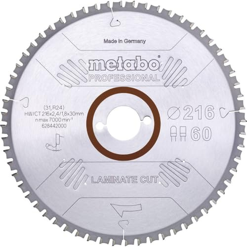 metabo Sägeblatt laminate cut - professional (Maße: 216x2,4/1,8x30 Z60 FZ/TZ 0, Sägeblatt für präzise, saubere Schnitte) 628442000