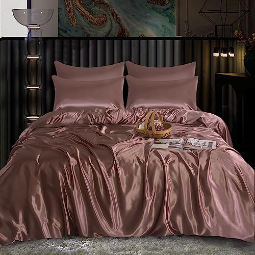ROOEE Parure de lit complète en satin de soie - 6 pièces - Drap-housse, housse de couette et 4 taies d'oreiller. Couleur : rose poudré Taille - Super King size