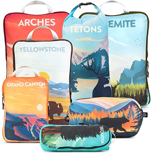 TRIPPED Travel Gear (National Parks) Packwürfel für Reisen, extra große Gepäck-Organizer, 7-teiliges Set, ultraleicht, erweiterbar/Kompressionsbeutel für Kleidung