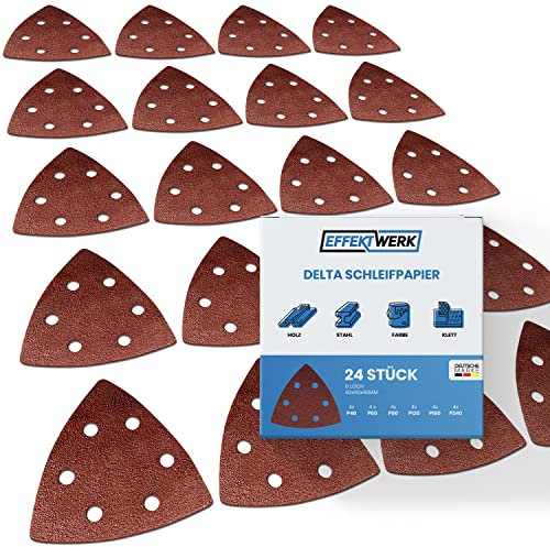 EffektWerk Carta vetrata Delta (confezione da 24, 6 fori), platorelli abrasivi triangolari 93 x 93 x 93 mm per levigatrici mouse, grana multipla (40, 60, 80, 120, 180, 240)