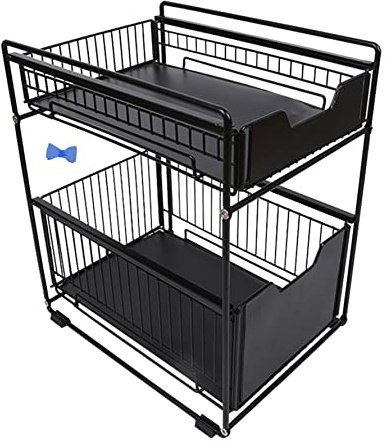 Organisateur de Cuisine à 2 Niveaux Rangement tiroir Organisateur, Porte-épices, Panier Coulissant sous évier, étagère de Rangement pour comptoir de Cuisine, Garde-Manger,Bureau (37.4*26.5*44cm-noir)
