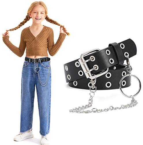 WERFORU Mädchen Gürtel Kinder PU-Leder Taillengürtel für Jeanshosen Doppelter Ösengürtel