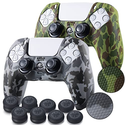9CDeer 2 Pieces of Texture Printing ps5 accessories controller skin case cover Green & Grey with Pro Thumb Grips x 8