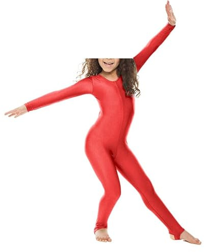 Prime fashions - Calzamaglia lucida in nylon per ragazze, a maniche lunghe, con ghettine - Corpo intero, Rosso, 13 anni