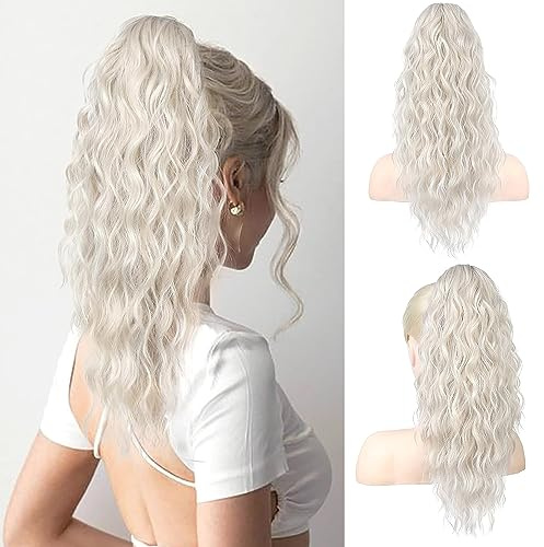 PORSMEER Pferdeschwanz Haarteil Ponytail Extensions platinblond Strähnchen mit klammer 45cm Lange Gewellte Lockige Haarverlängerung Zopf Clip in Klaue Natürlich Kunsthaar Haarteil für Frauen