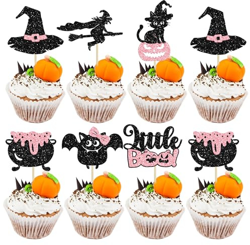 Gyufise 24Pcs Halloween Cupcake Toppers Glitter Pink Ghost Little Boo Bat Witch Cat Pumpkin Cupcake for Halloween Theme Baby Shower Birthday Party Cake Decorations Supplies