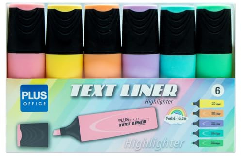 Plus Office – Subrayadores Pastel, Rotulador Marcador con Punta Biselada, Pack de 6 Text Liner de Colores Pastel, Rotuladores Fosforescentes de Base al Agua (Pack de 6 Pastel)