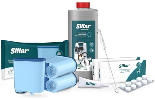 Sillar Kit de Cuidado Para Cafeteras | Accesorios para Baristas - 3x filtro AquaClean, 500ml Descalcificador, 20x Pastillas Descalcificadoras, Cepillo de Limpieza, Lubricante | Para Saeco Philips