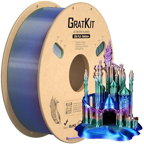 GratKit Regenbogen PLA Filament mit Seidenglanz 1,75mm, 1kg Spule, Farbwechsel 3D-Drucker Silk Filament mit +/-0,03mm Präzision, gleichmäßige Wicklung, 1000g Universe Rainbow PLA