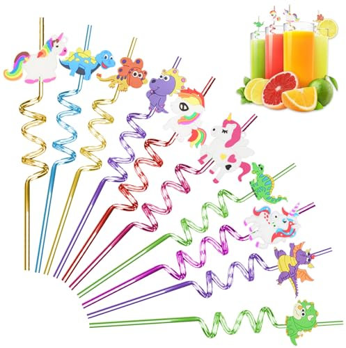 Zamety 10 Pezzi Cannucce Plastica Ricurve Cannucce Bambini Dinosauro e Unicorno Riutilizzabili Cannuccia Cocktail Cannuccia per Festa di Compleanno per Bambini Decorazioni e Cocktail Forniture