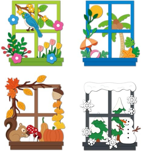 DELORIGIN 2 Sets Fenster Stanzformen, 4 Jahreszeiten Karbonstahl Stanzschablonen Neuheiten 2025, Metall Schneiden Schablonen Natürliches Element Bäume Prägeschablonen für DIY Scrapbooking Dekor