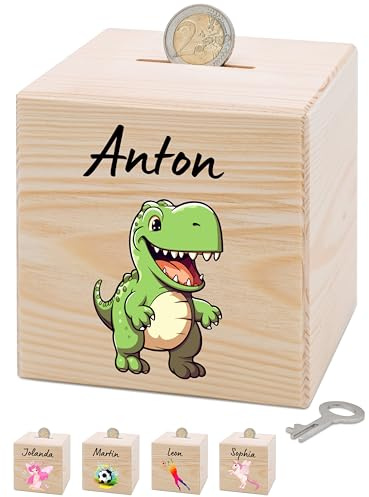 Bärenfreunde® - Personalisierte Spardose Kinder aus Holz mit Metallschloss - Spardose mit Namen mit kinderfreundlichem UV-Druck zum Sparen für Kinderträume (Dino grün)