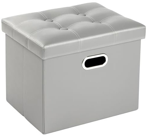 COSYLAND Sitzhocker mit Stauraum, Faltbare Sitzbank, Sitztruhe aus Kunstleder, gepolstert Sitzwürfel Fußhocker Aufbewahrungsbox mit Deckel, für Wohnzimmer Schlafzimmer, 43 * 33 * 33 cm (Hellgrau)