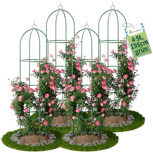 TTL GARDEN 195x40cm Obelisk Rankhilfe XL grün 4er Set - Rosen Rankgitter | - Metall rostfrei für Kletterpflanzen Rosen Clematis - pulverbeschichteter Stahl 195 cm hoch 40cm Ø Rankturm Tomaten Gurken