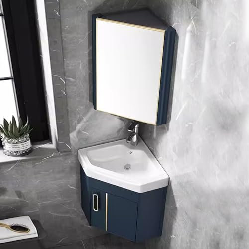 DYUNCZ Eckwaschtisch mit Keramikwaschbecken und Spiegelschrank, Waschtischunterschrank Hängend-Set, Kleiner Eckwaschtisch mit Wasserhahn und Abfluss, for Kleine Räume(Blue,43cm/17)