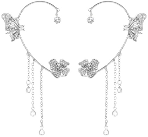 Mabor Schmetterling Ear Cuff Silber,2 Stück Clip Ohrringe Ohrschmuck Ohrringe Ohne Ohrloch Verbunden Diamantbesetzte Ohrmanschette mit Kette Quaste Funkelnd Kein Piercing Ohr Clip für Frauen