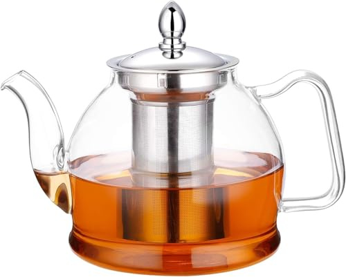 Théière en verre de 1200 m L avec couvercle en bois, théière avec infuseur, théière en borosilicate résistante à la chaleur avec filtre amovible, design pour thé, thé à fleurs et jus