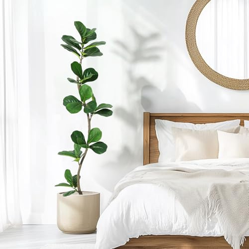 Higuera artificial de hoja de violín, planta falsa de 5 pies con maceta blanca y tronco de madera natural para decoración del hogar u oficina, plantas artificiales de interior