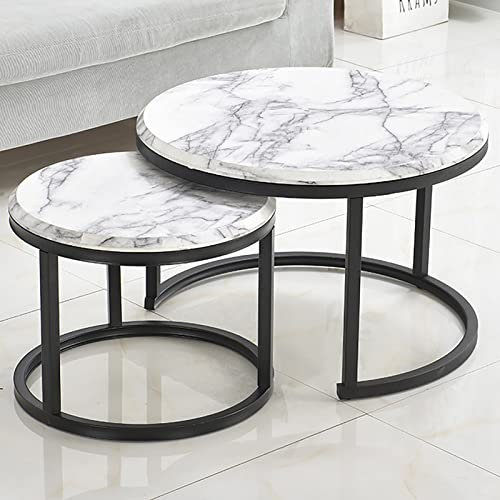 IUBGFTO Moderner Satztisch, runder, stapelbarer Couchtisch aus Holz, Kleiner Beistelltisch, 2er-Set, Metallrahmen, einfache Montage, für Wohnzimmer, Büro, Balkon,B-Black Frame-A