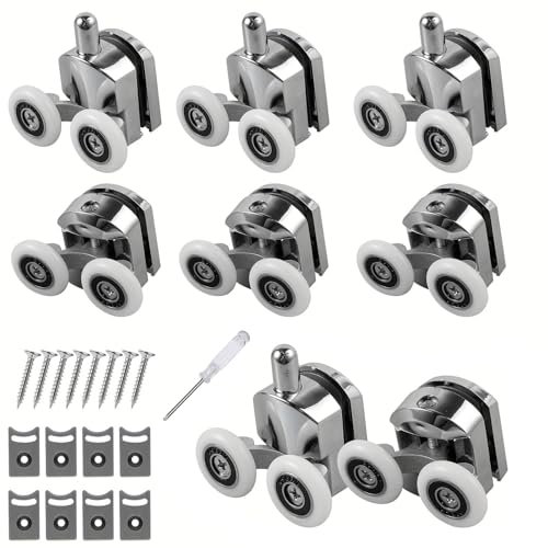 8 PCS Shower Door Rollers with Screwdriver - 25 mm Replacement Shower Door Wheels, Shower Twin Wheels Runner Pulleys, Glass Door Sliding Roller, Bathroom Replacement Parts for Curved Doors
