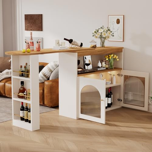 Merax Table de bar extensible avec espace de rangement - Table d'appoint pivotante - Table de bistrot - Table de cuisine - Avec bande lumineuse LED de 1 m de long (couleur de lumière réglable) - Blanc