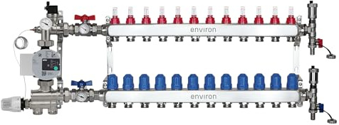ENVIRON - Distributore circuito di riscaldamento [2-12 circuiti di riscaldamento] con set di regolazioni fisse, set valvole a sfera e kit di sfiato rapido | pompa ad alta efficienza (Wilo Para STG