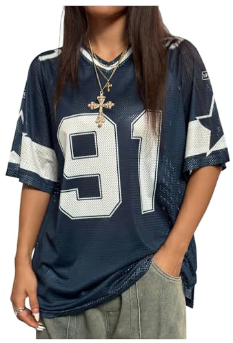 GORGLITTER Women's Star Number Graphic Jersey T Shirts V Neck Half Sleeve Loose Streetwear Tops Dark Blue Medium