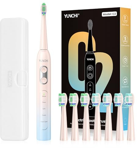 YUNCHI C2 Elektrische Zahnbürste mit 40000 VPM, Schallzahnbürste für Erwachsene, USB-C Ladung, 55 Tage Akkulaufzeit, 5 Putzmodi, 2-Min-Timer, 8 Bürstenköpfen & Reiseetui, Hellblau-Gelb-Verlauf